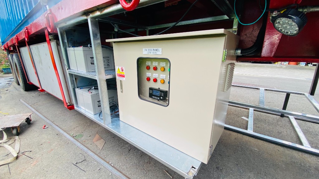 車載型 PV ESS 配電盤與電池組，安裝於車架下方之實拍